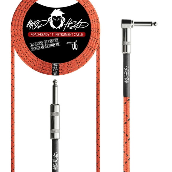 Mophead 15 Foot Double Insulated and Road Ready Tweed Braided 1/4 in TS to 1/4 in TS Guitar and Bass Instrument Cable Right Angle Red Black Stripe