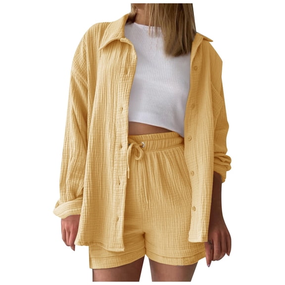 DHFJKG Womens 2 Piece Shorts Set Spring Summer Outfits Long Sleeve Button Up Collared Shirt Drawstring Shorts Basic Blouses Top Beach Vacation Clothes Cozy Outfit