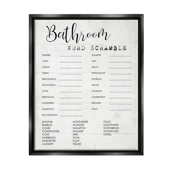 Stupell Industries Bathroom Word Scramble Fun Family Word Design Jet Black Framed Floating Canvas Wall Art, 16x20, by Daphne Polselli
