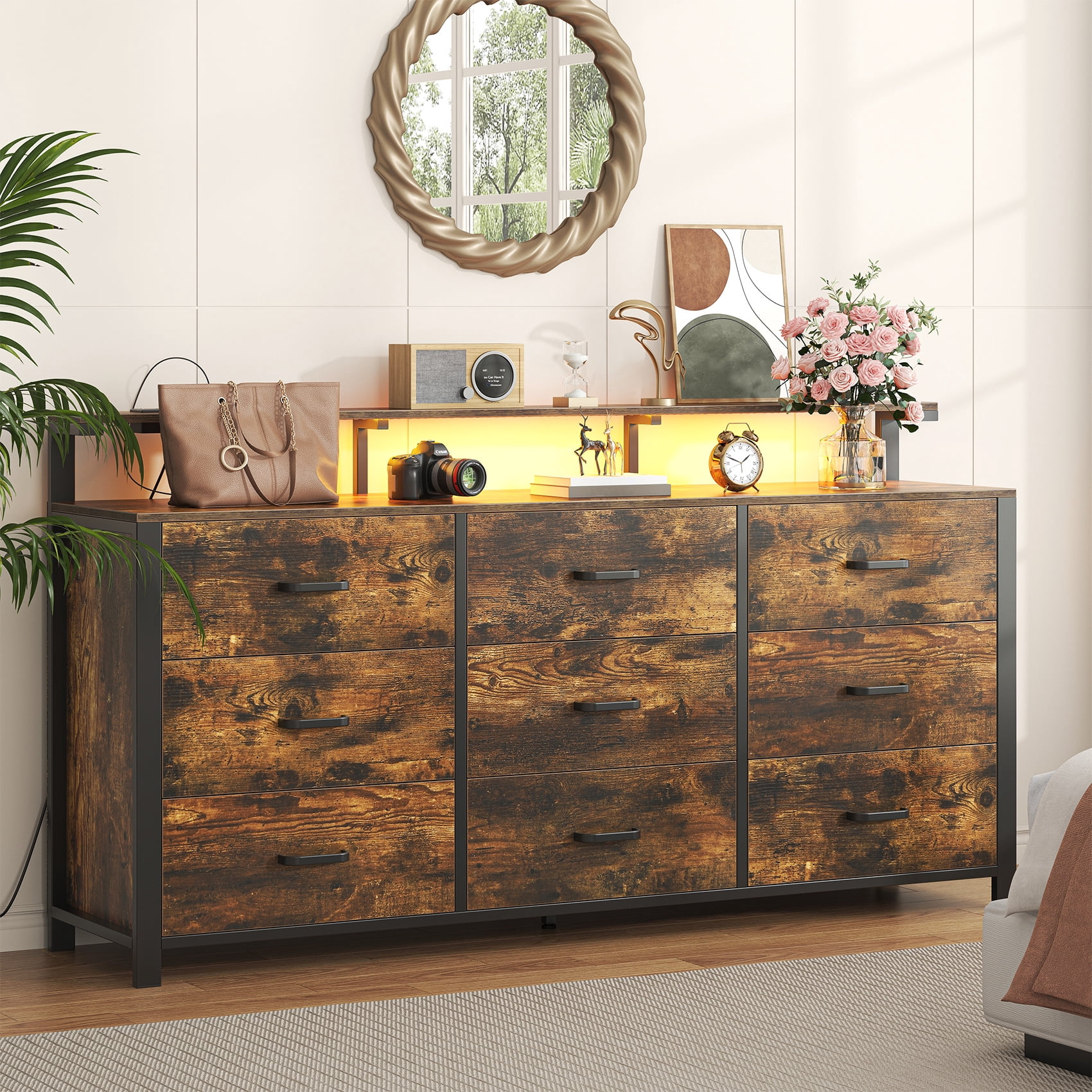 Winkalon 9 Drawer Dresser with LED Light & Charging Station, 63" Long Modern Dresser with 9 Drawers for Bedroom, Wooden Dresser Large Closet of Drawers