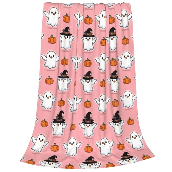 Halloween Pink Flannel Blanket, Ghost Pumpkin Throw Blanket Lightweight Blankets Plush Throw Blanket Soft Living Room Couch Bed Blanket 50x40