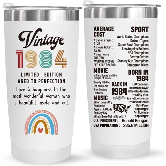40th Birthday Gifts for Women Parents 40 Years Old Gifts- 20 oz Double-sided Vintage 1984 with Time Information Tumbler Cup(white) Turning 40