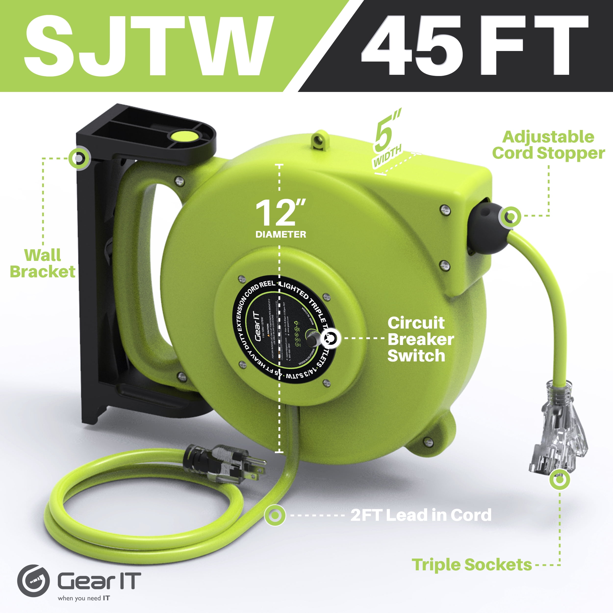 GearIT Retractable Extension Cord Reel (45ft) 14/3 AWG Gauge SJTW, 3 Outlets, LED Power Indicator, 11-Amps Circuit Breaker, 180 Degrees, UL Listed for Garage Ceiling Mount Workshop, Power Tool 45 Feet