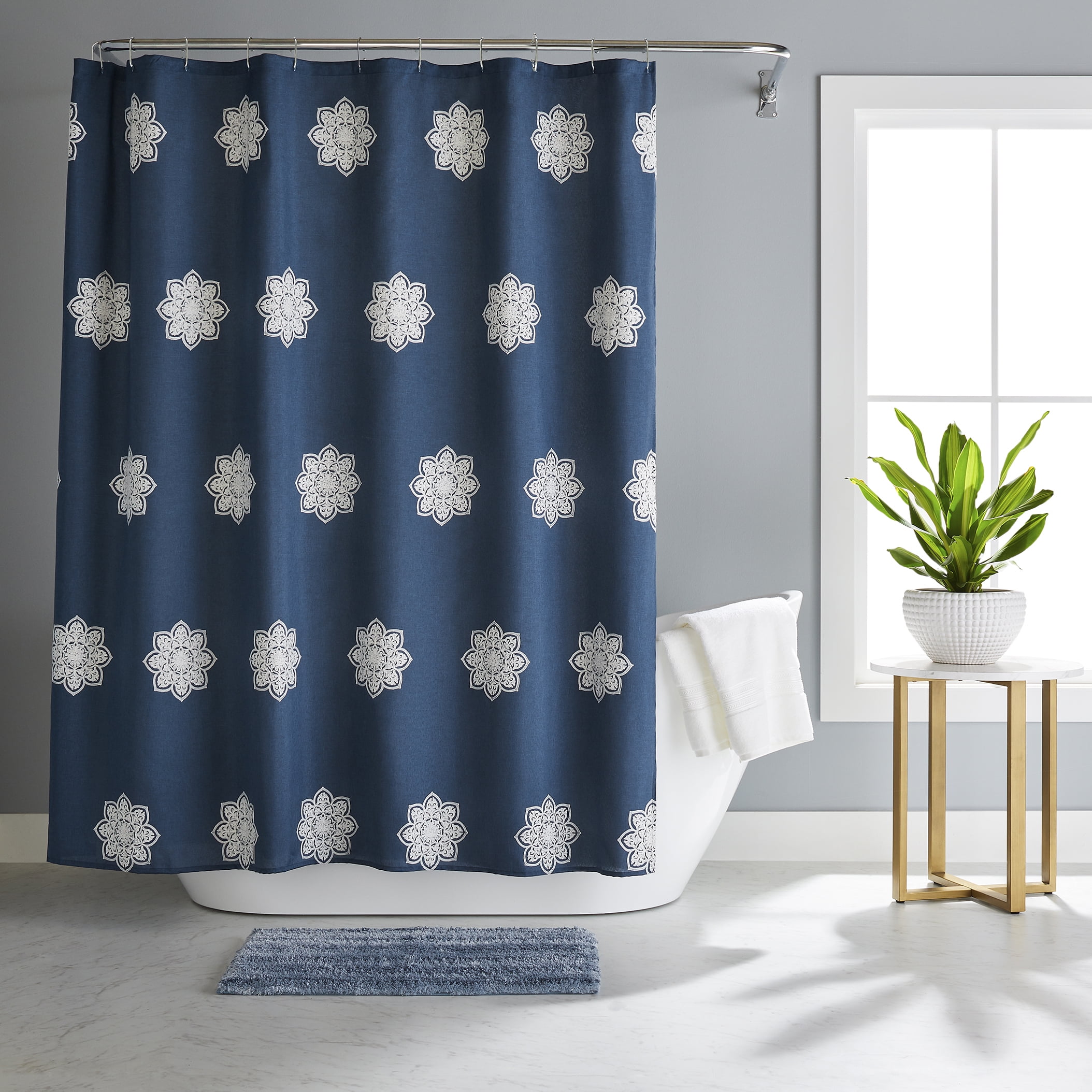 Navy Tisbury 14-Piece Floral Bathroom Shower Curtain Set with Hooks and Rug 