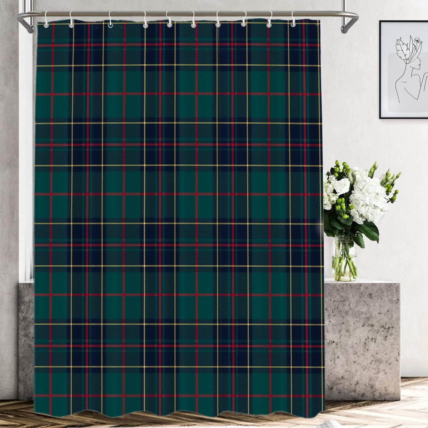 Tartan Plaid Decorative Shower Curtain, Green Scottish Fabric Kilt Twill Woven Bathroom Décor Polyester Fiber Waterproof with Plastic Hooks for Shower Stall Bathtubs 72"W x 72"L (Pack of 1)
