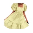 thumbnail image 2 of Chollius Women's Juniors Casual Puff Sleeve Dress Solid Color Short Mini Princess Dresses Square Collar Loose Swing  Ruffled Hem Dress for Teen Girls, 2 of 6
