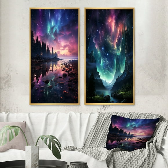 Designart "Dancing Lights of the Aurora Borealis VII" Aurora Borealis Framed Wall Art Set Of 2 - Teal Landscapes Framed Wall Art Set Of 2