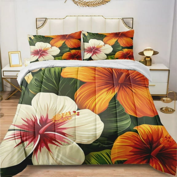 Hawaiian Flowers Palm Leaves Orange Flowers (160) Comforter Set Bedding Set Duvet Set Set 3pcs Twin Size