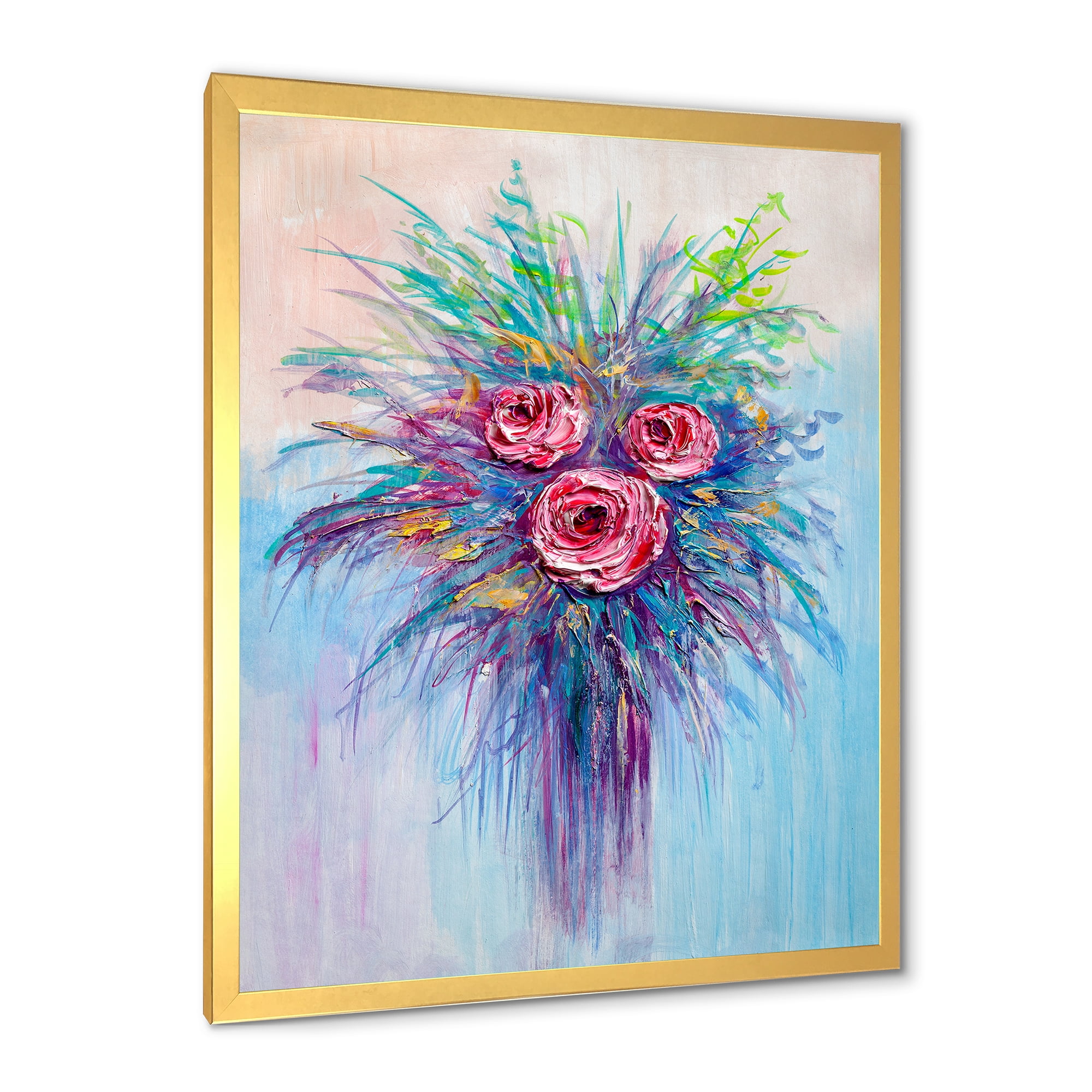 Designart 'Bouquet Of Red Roses In A Vase On Blue' Traditional Framed Art Print