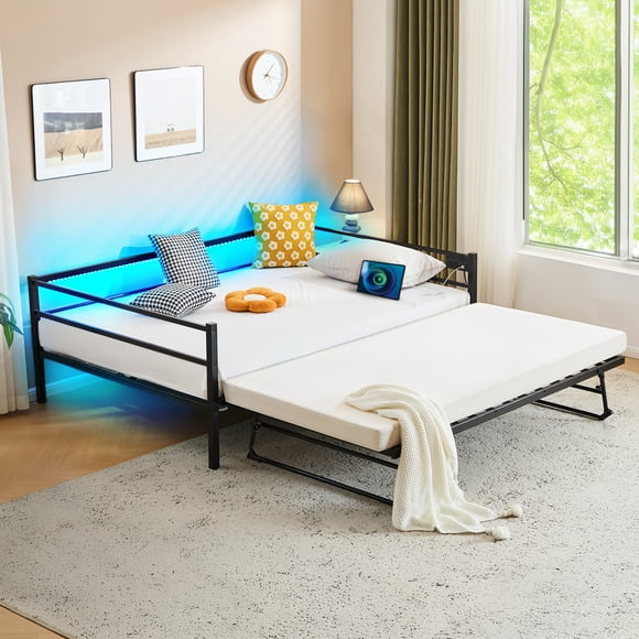 Ktaxon Daybed with Trundle Included, Twin Size Metal Daybed Frame with Pull out Trundle Bed, No Box Spring Needed,Black