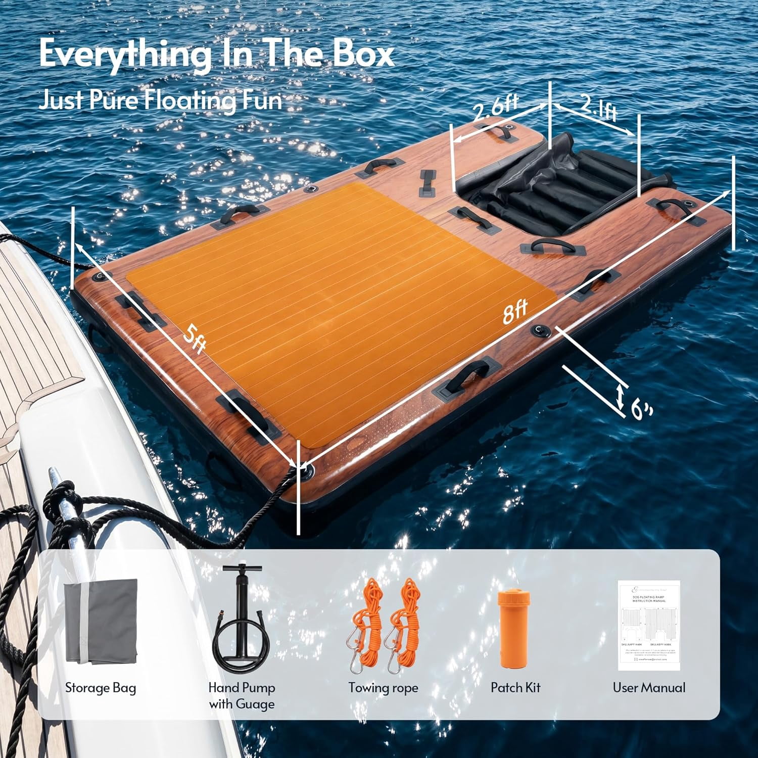 LAZZO 8 x 5 FT Inflatable Floating Dock, Anti-Slip EVA Foam Platform with Dog Ramp & Air Pump for Pool and Lake