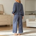 thumbnail image 4 of Szluipve 2 Piece Sets for Women Gingham Plaid Round Neck Long Sleeve Ruffle Peplum Top And Drawstring Wide Leg Cropped Pants 2 Piece Outfit Casual Loungewear Set With Pockets Dark Blue L, 4 of 6