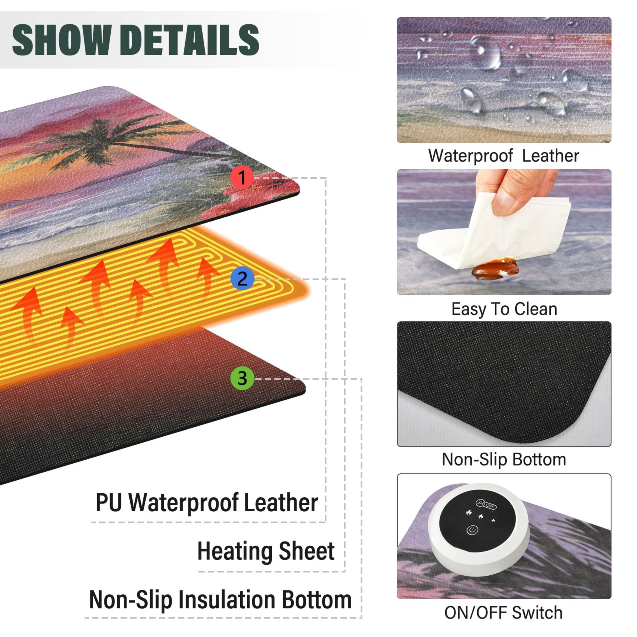 Large Heated Desk Mat Mouse Pad 31.5"x13"PU Leather Graphene Heating Desk Warmer with 3 Temperature Settings 110V US Plug Non-Slip Warm Pad for Home, Office, and Gaming Tropical Sunset Beach Print