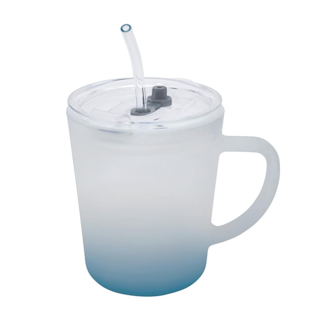 Taza de vidrio sublimable con tapa y popote-banao azul 7 x 10.8