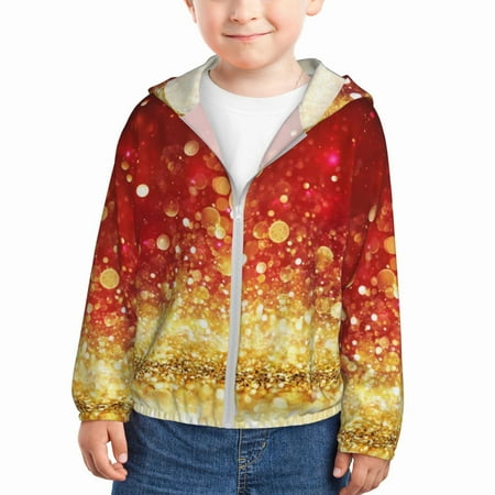 

Sun Hoodie for Kids Red Gold Glitter Long Sleeve Swim Fishing Shirts Sun Protection Zip Up Jacket Clothing Athletic Hoodie