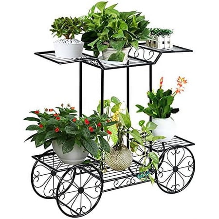 Flower Metal Plant Stand with 4 Decorative Wheels, Garden Iron Flower Display Rack w/ 6 Pots, Multi Flower Planter Potted Holder Organizer for Indoor Outdoor Balcony Patio Garden (6-Tier)