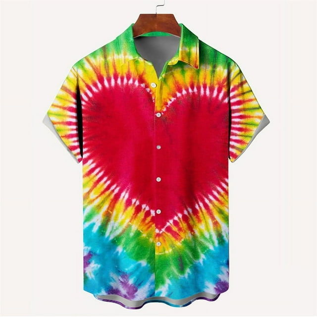 New Fashion Mens 3D Printed Shirt Summer Short Sleeve Single Row Button Loose Oversized Loving Heart Pattern Trend Unisex Shirts