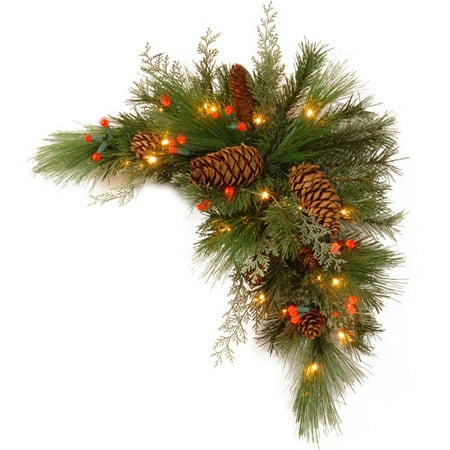 National Tree 30" Decorative Collection White Pine Corner Swag with 63 Soft white and Red LED Battery Operated Lights