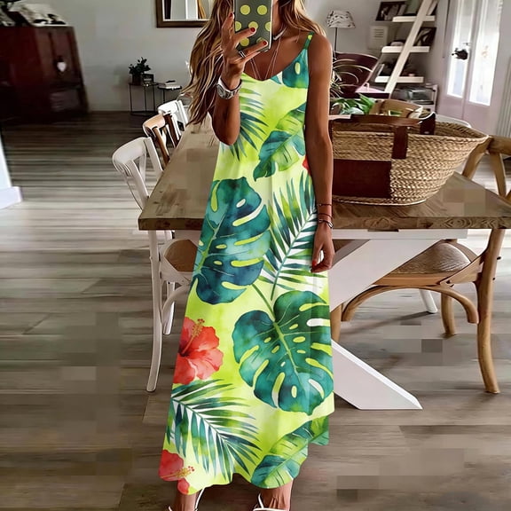 Nuoqisi Women's 2026 Lightweight Spaghetti Strap Summer Wedding Guest Beach Vacation Casual V Neck Flowy Maxi Dress