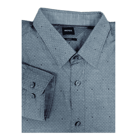 $128 BOSS Slim Fit Long Sleeve Dots Cotton Shirt, Blue, XXL