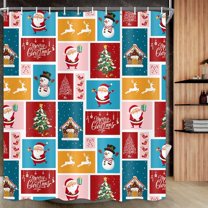 Christmas Shower Curtain for Kids, Funny Shower Curtain Set Cute Cartoon Christmas Patchwork Shower Curtain Decor, Waterproof Winter Xmas Kids Shower Curtains with 12 Hooks, 72X72in