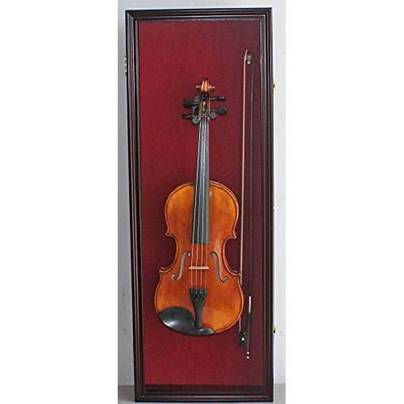 DisplayGifts Fiddle or 1/4-3/4 Acoustic Violin Display Case Shadow Box with Hanger Rose Felt Background 29.5" Mahogany Finish