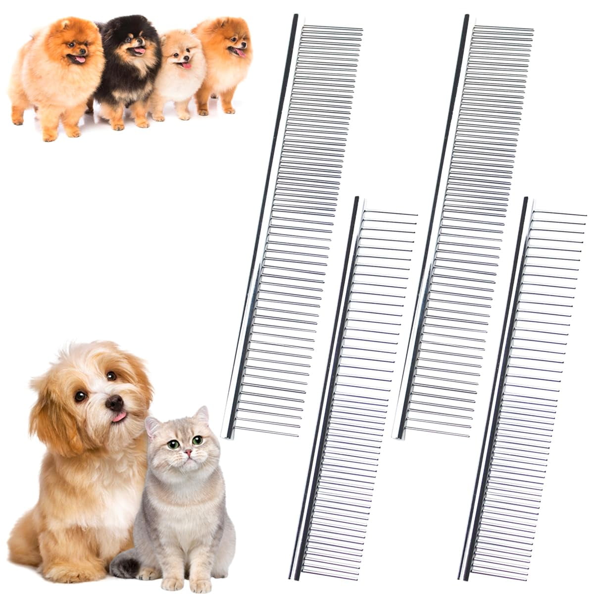 ACDANC 4Pcs Stainless-Steel Comb Dog Combs for Knots,Mats&Loose Hair Removal-Effective Dematting Tool,Comfortable,Lightweight,Portable&Safe for Dogs,Cats&Pets