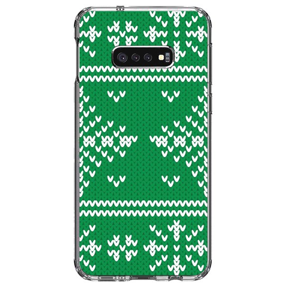 DistinctInk Clear Shockproof Hybrid Case for Samsung Galaxy S10e (5.8" Screen) - TPU Bumper, Acrylic Back, Tempered Glass Screen Protector - Green White Ugly Christmas Sweater - Christmas All Year