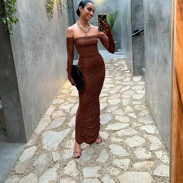 sdghg Women s Bodycon Party Dress Strapless Solid Color Ruched Long Dress with Gloves