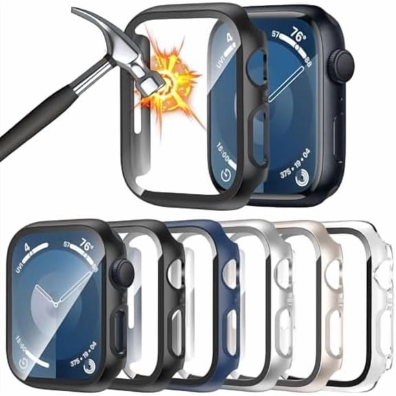[6 Pack] Case for Apple Watch 41mm Series 9/8/7, Ultra‑Thin Tempered Glass Screen Protector, Full‑Coverage Anti‑Scratch Hard Face Cover for iWatch 41mm