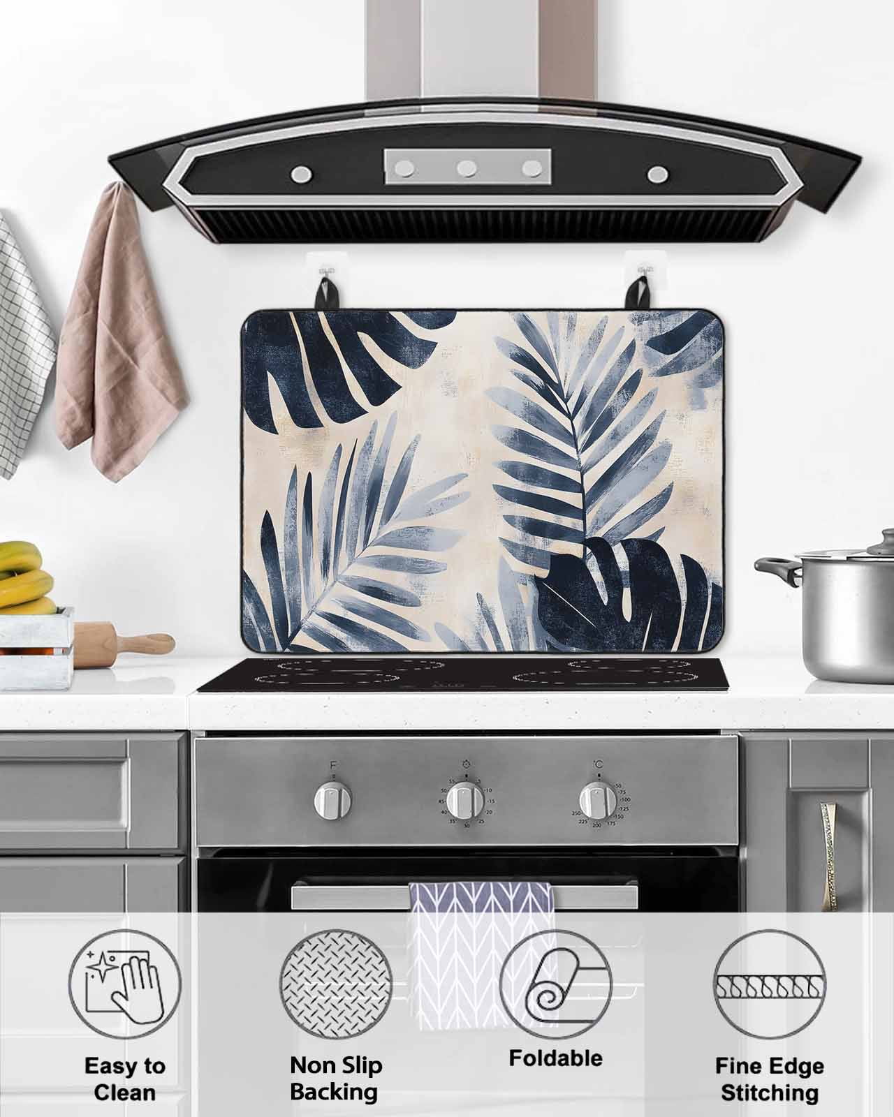 nqOlkjepod Large Induction Cooktop Protector Mat 24"x21", Navy Blue Palm Leaves Stove Top Covers for Electric Stove, Tropical Botanical Retro Stove Burner Cover Mats, Glass Top Stove Cover