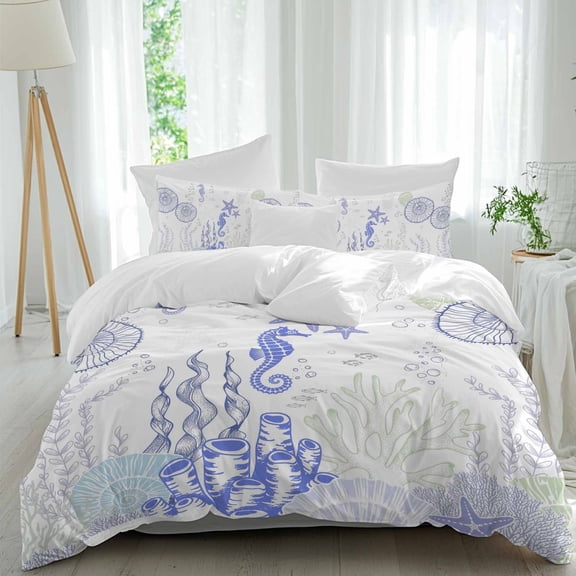 3 Piece Coastal Purple Duvet Cover Set Twin Size,Microfiber Comforter/Quilt Cover with Corner Ties and 2 Pillowcases,Ocean Coral Starfish Jellyfish Seahorse All Season Bedding with Zipper Closure