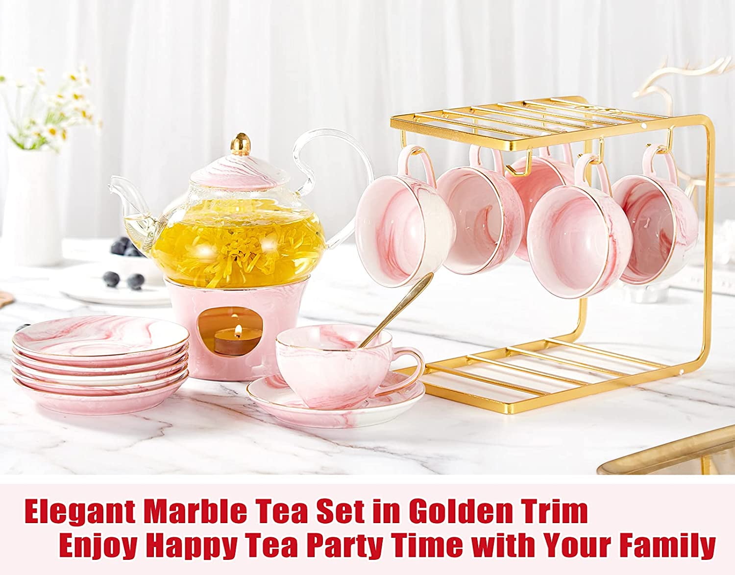 DUJUST 21 pcs Small Tea Set of 6, Gray Marble Texture with Handcraft Golden  Trim, Fine Porcelain Tea pot Set for Kids&Adults, 1 Glass Teapot(22oz), 6