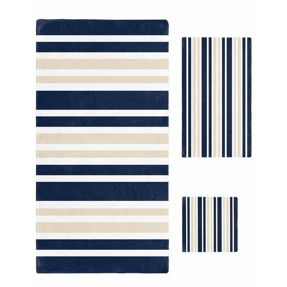 Navy Blue Khaki Striped Towel Set of 3, Soft Microfiber Bath Towels, Hand Towel, Washcloths, Modern Minimalist Ombre Lines Quick-Dry Absorbent Towels for Bathroom Kitchen Hotel Beach Gym Spa