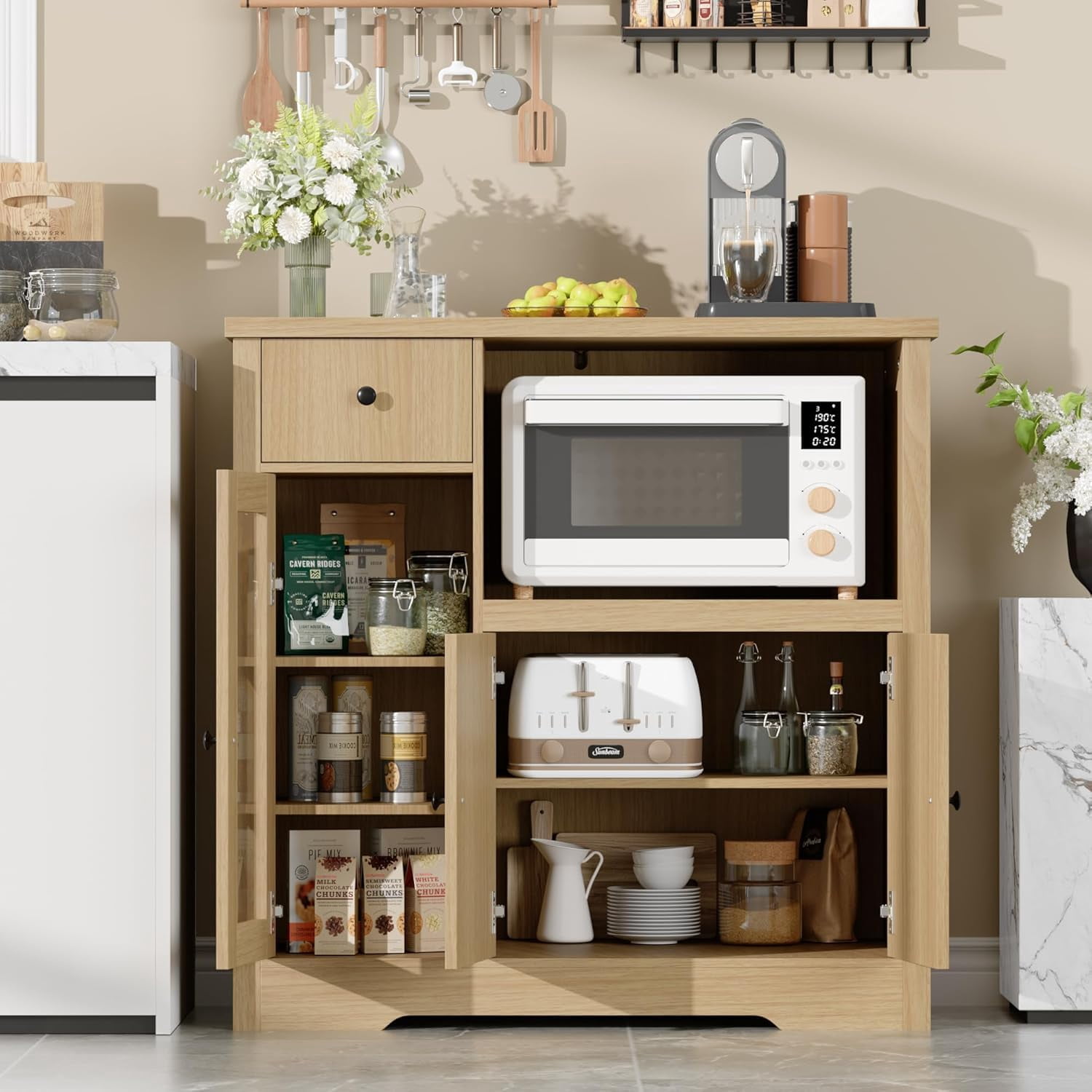 Yeshouse Pantry Storage Cabinet, Multipurpose Kitchen Sideboard with Drawer, 3 Doors & Adjustable Shelving