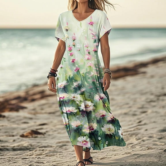 Yotami Boho Dress for Women Floral Print Short Sleeve V-Neck Long Dress Loose Flowy Dress for Summer