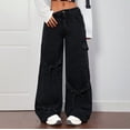 thumbnail image 2 of LWavelet Womens Tie Detail Cargo Wide Leg Jeans Multi Pocket High Waisted Daily Casual Denim Pants Black M, 2 of 6