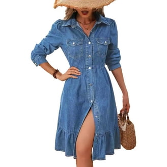 luvamia denim dress luvamia Women's High Waisted Denim Summer Dress Folded Sleeve Tiered  Babydoll Dress Size S