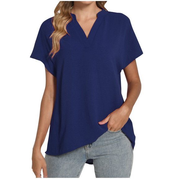 TKLPEHG Womens Short Sleeve Shirts V-Neck Tunic Shirt Casual Fashion Comfy Lightweight Solid Color Loose Short Sleeve T Shirt Summer Clothes Blouses (Blue,XL)
