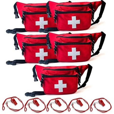 5 Pack Lifeguard Fanny Pack With Whistle Lanyard - Baywatch Style First Aid Hip Pack w/Adjustable Strap, Cross Logo + Zipper Pouch, Emergency Equipment Set Red