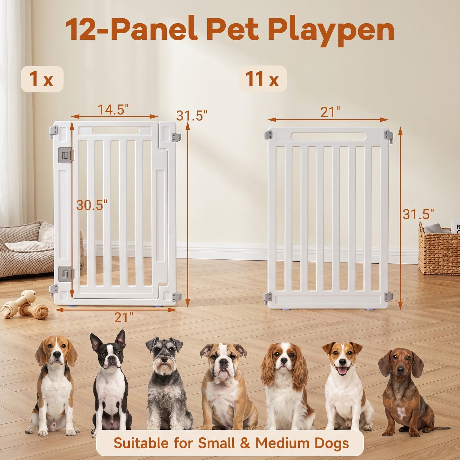 ALPULON 12-Panel Dog Playpen 31.5 Inch Height Indoor Outdoor Pet Fence Foldable HDPE Puppy Exercise Pen Enclosure Kennel for Small Medium Dogs, White