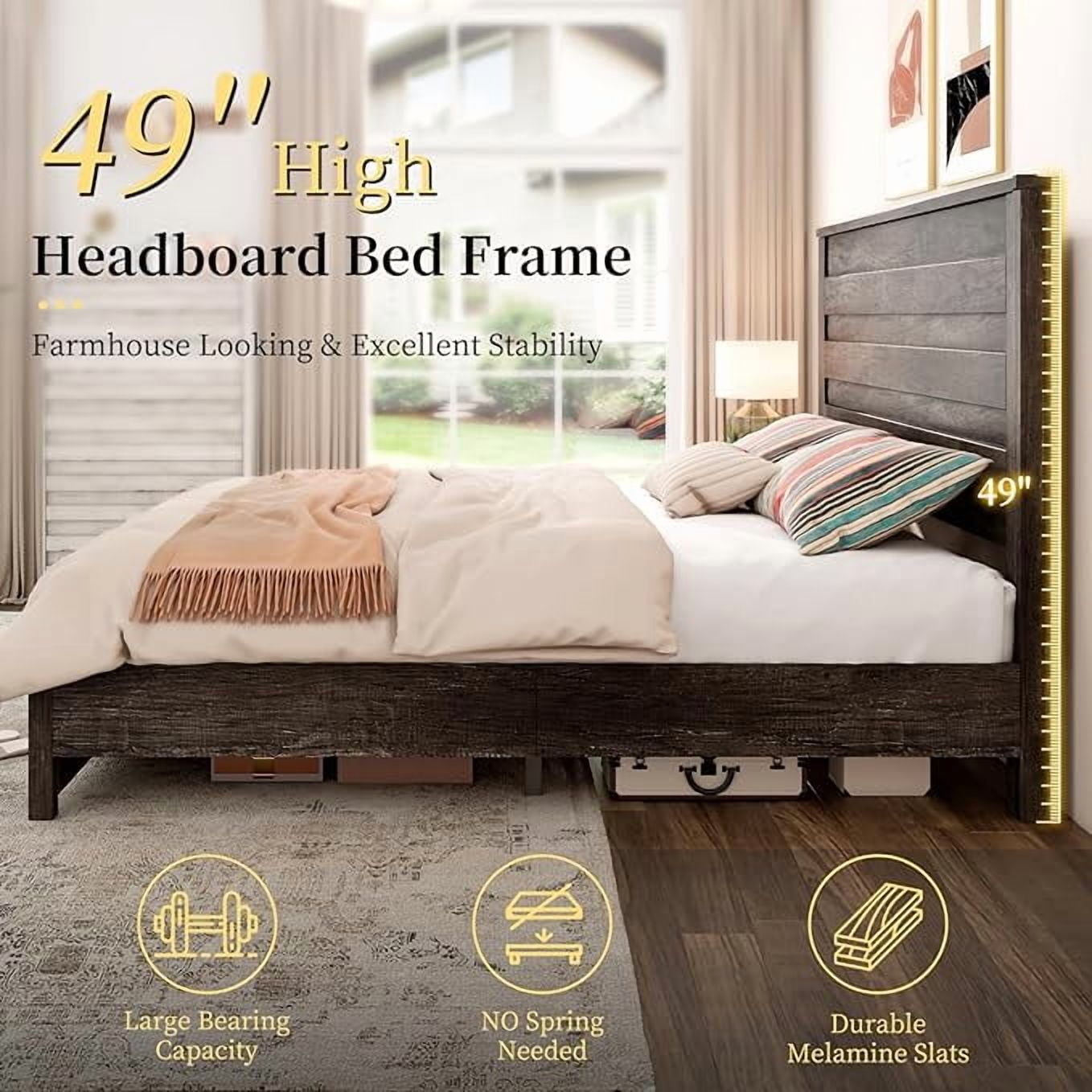 VanAcc Queen Size Bed Frame with 49" Tall & Full-Panel Headboard, Farmhouse Platform Bed with Wood Slats & Metal Bed Frame, Noise Free