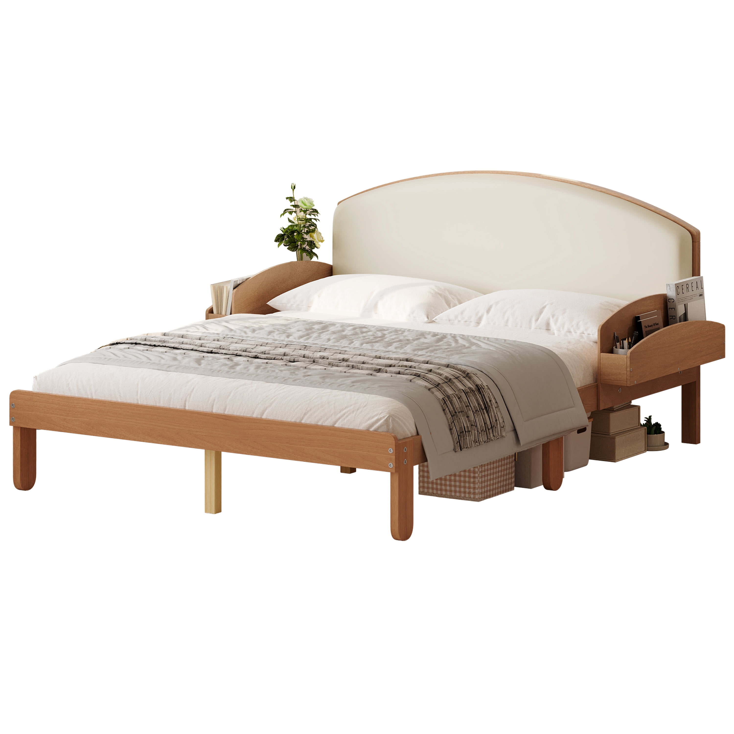 Euroco Full Size Platform Bed with Upholstery Headboard, Wood Bed Frame with Storage Shelves, No Box Spring Needed, Light Walnut