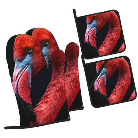 

Pofeuu Closeup Red Flamingo Portrait Print Oven Mitts and Pot Holders 4 pcs Set High Heat Resistant 500 Degree Extra Thicken Long Kitchen Cotton Oven Glove for Cooking