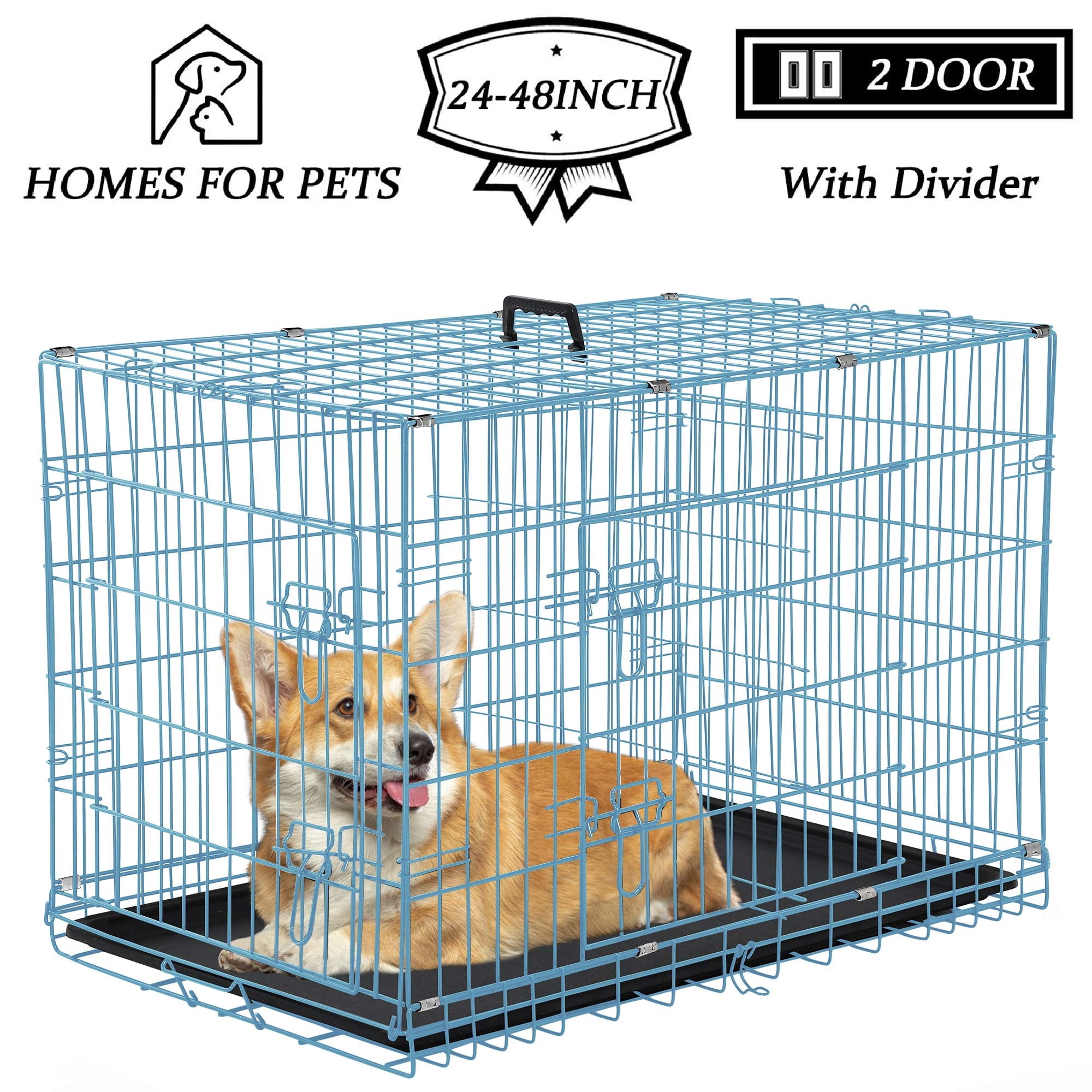 YRLLENSDAN 24 inch Foldable Large Dog Crate for Large Dogs Metal Wire Dog Cage with Plastic Tray and Handle Double-Door Outdoor Dog Crates and Kennels for Medium Small Dogs Blue