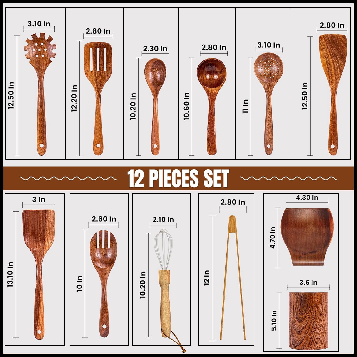 12 Pcs Teak Wooden Spoons for Cooking– Non-Toxic, Non-Stick Kitchen Utensils Set Wood Spatulas with Hooks, Spoon Rest & Holder – Lightweight, Heat Resistant, Eco-Friendly.