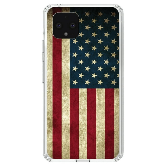 DistinctInk Clear Shockproof Hybrid Case for Google Pixel 4 XL (6.3" Screen) - TPU Bumper, Acrylic Back, Tempered Glass Screen Protector - Red White Blue United States Flag Old - America