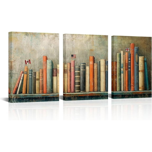 Hieng Vintage Books Canvas Wall Art 3 Pieces Rustic Bar Chart Curve Prints Pictures Study Room Wall Decor Artwork(only canvas)
