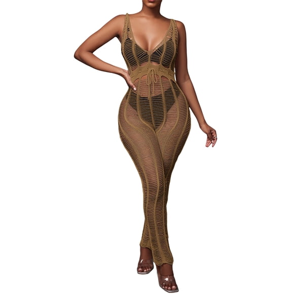 Txlixc Suéter de playa de mono femenino suéter de playa transparente hueco sólido cuello V sin mangas mono largo bañador bikini Txlixc moda