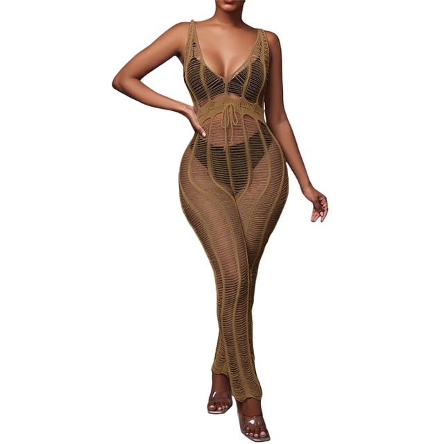 Txlixc Suéter de playa de mono femenino suéter de playa transparente hueco sólido cuello V sin mangas mono largo bañador bikini Txlixc moda